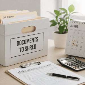 Box of Documents to Shred and April 15th deadline on desktop calendar. Spring Cleaning Your Records: 5 Smart Shredding Tips for Tax Season